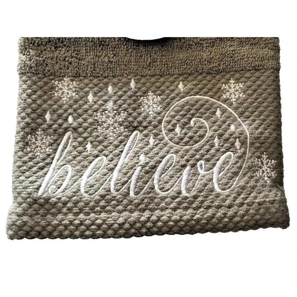 Christmas Believe Fingertip Towels Set of 2 Embellished Embroidered Gray White